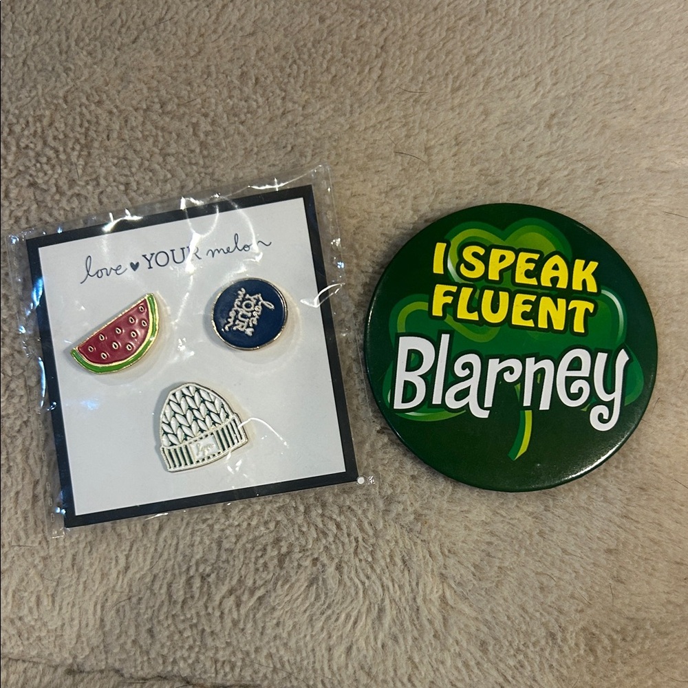Vintage Irish Blarney Button and modern Love Your Melon 3 pin set